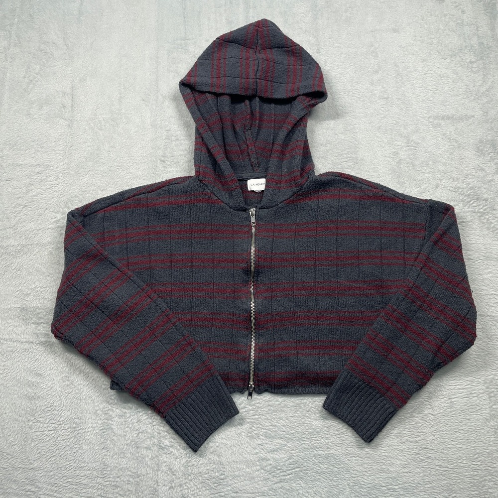 LA Hearts‎ Striped Cropped Hoodie Womens Small Gray Red Knit Zip Up Sweater